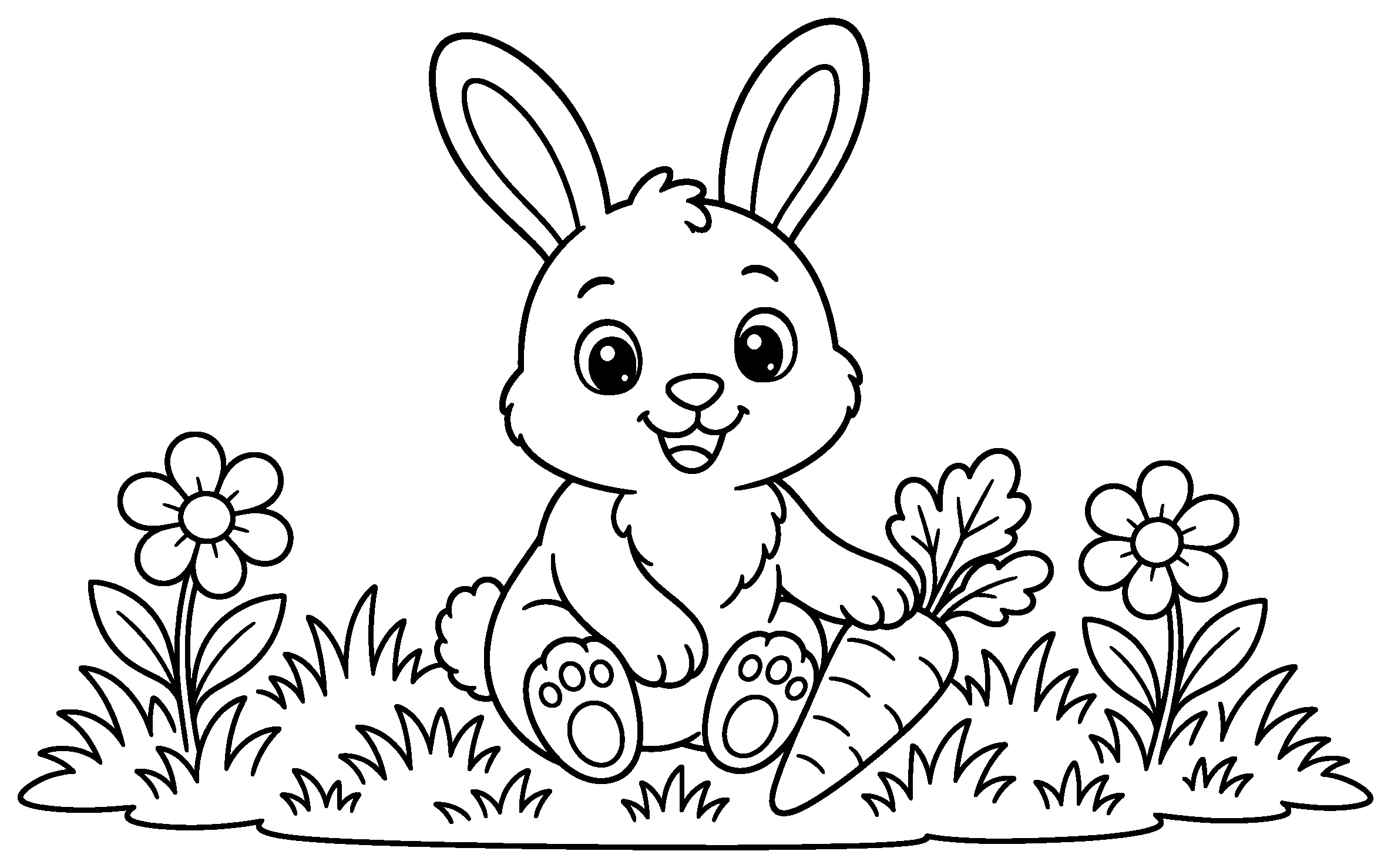 Cute bunny sitting in the grass with a carrot and two flowers, black outline coloring page