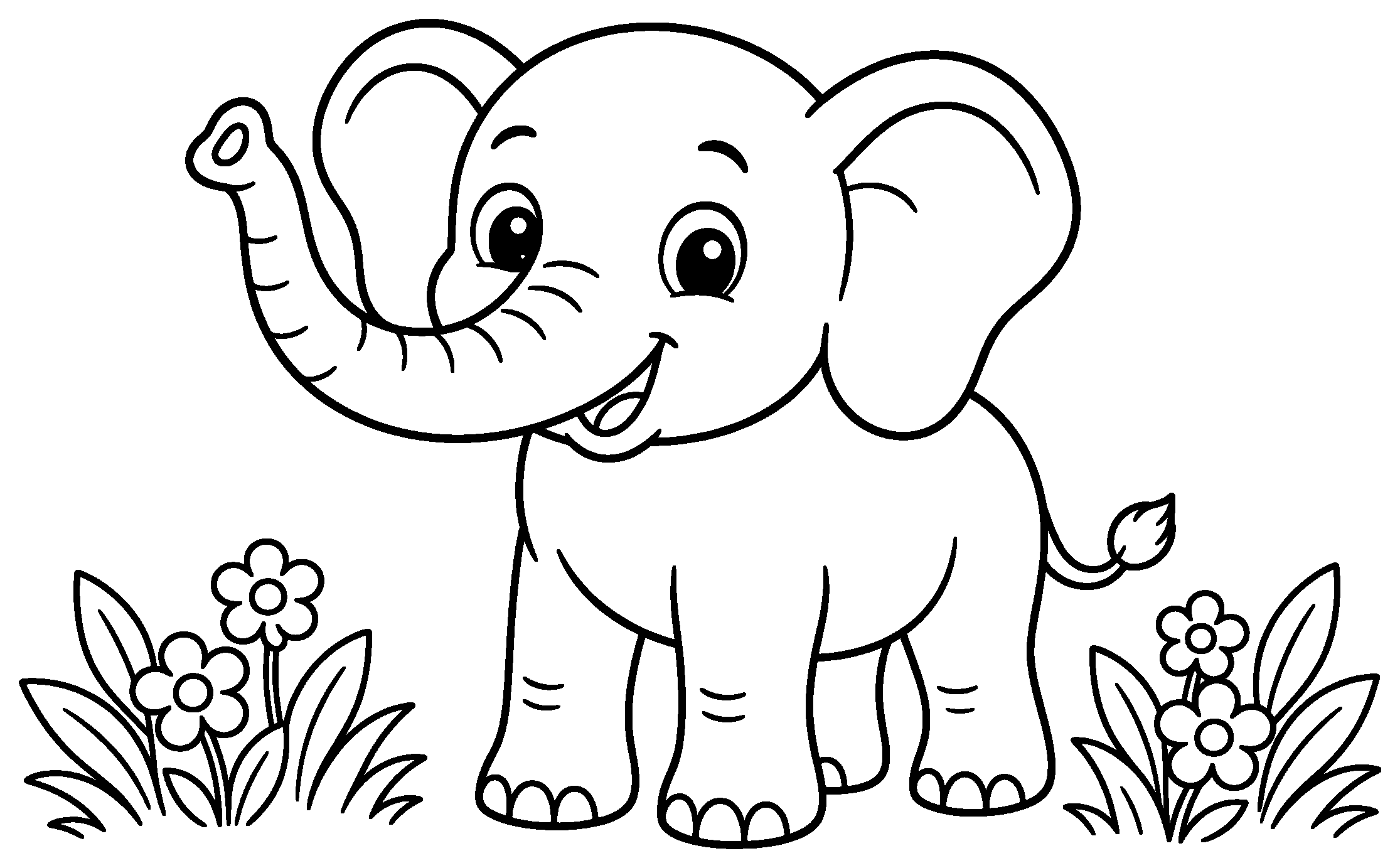 Happy elephant with its trunk raised and flowers on each side, black outline coloring page