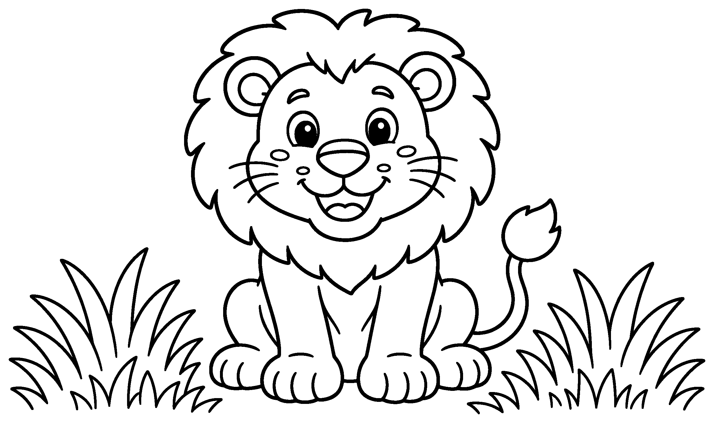 Smiling cartoon lion sitting in the grass with its tail curled, black outline coloring page