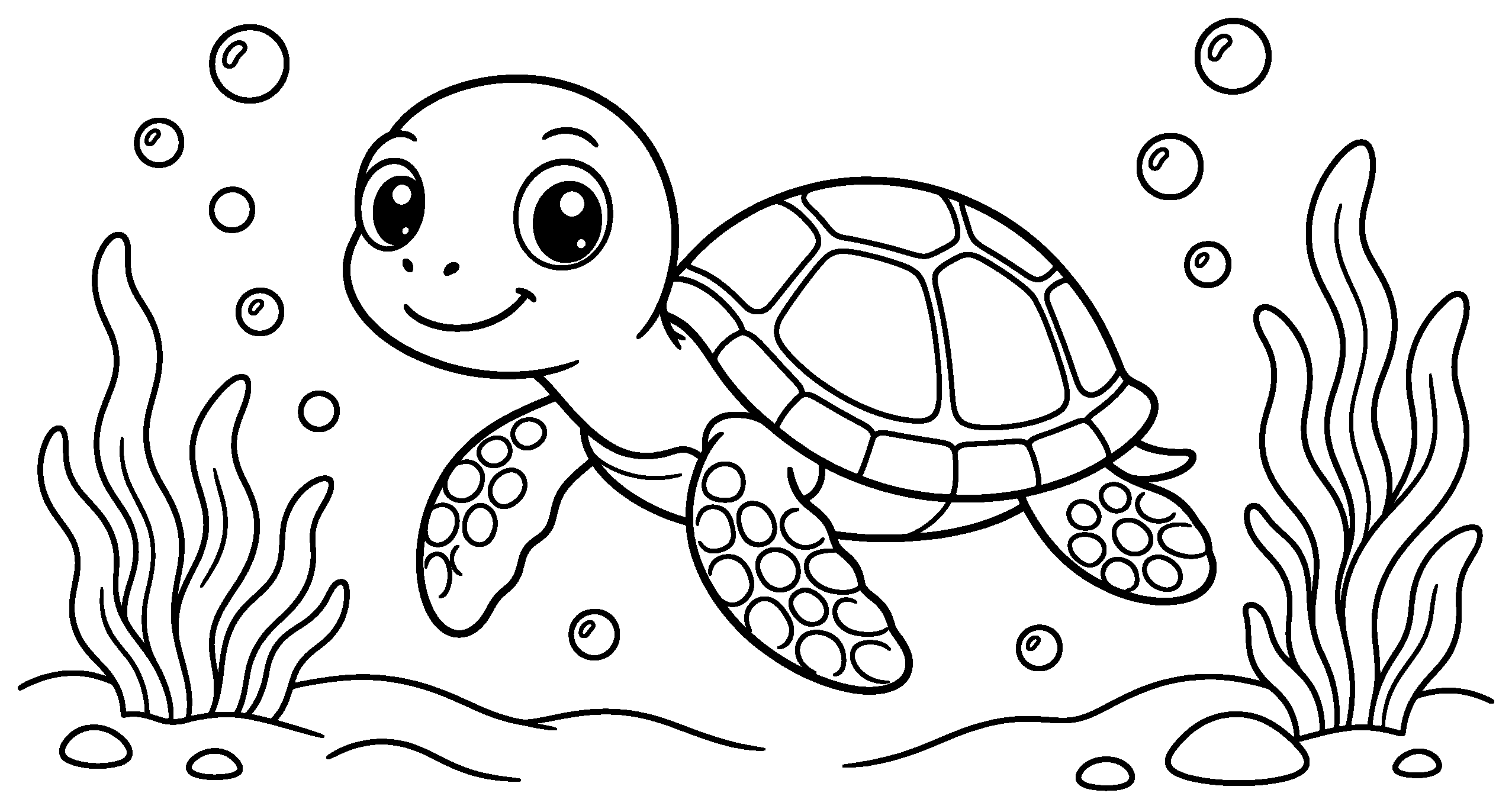 Smiling sea turtle swimming with bubbles, seaweed and pebbles, black outline coloring page