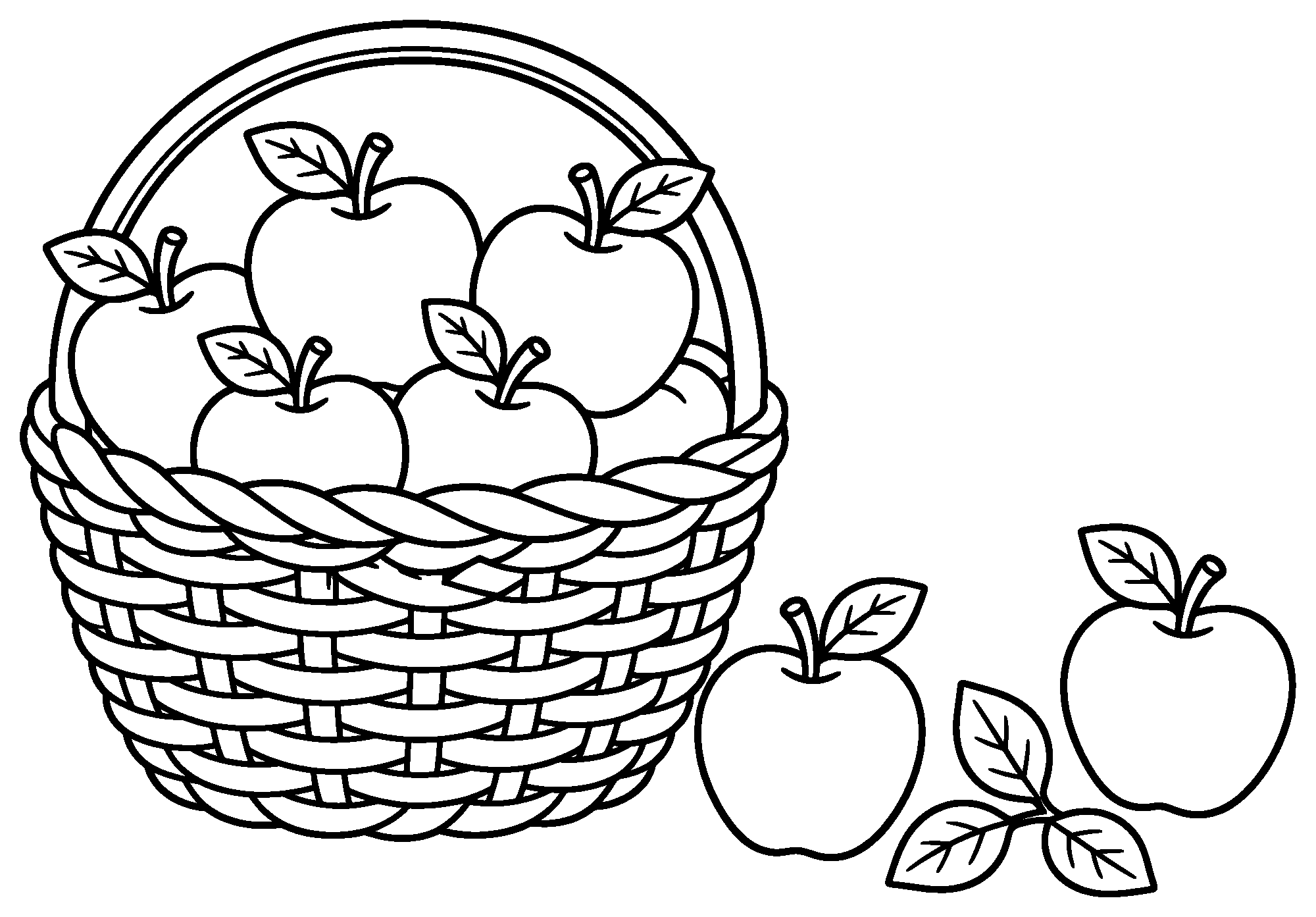 Woven basket of apples with more apples and leaves beside it, black outline coloring page