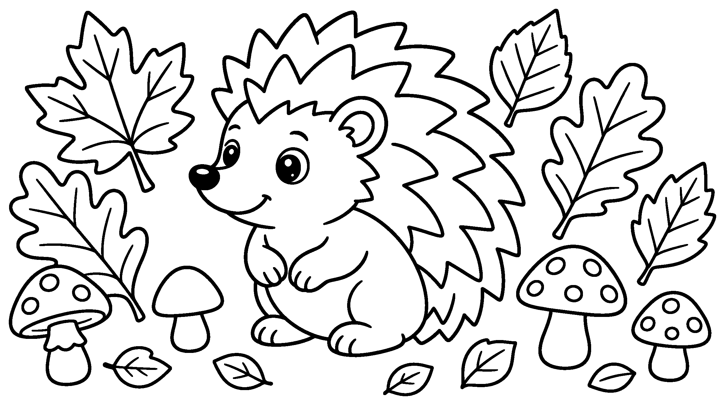 Hedgehog among fall leaves and spotted mushrooms, black outline coloring page