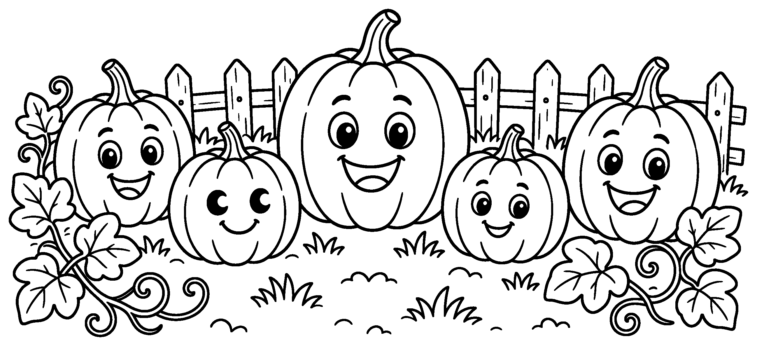 Five smiling pumpkins with a fence and curly vines, black outline coloring page