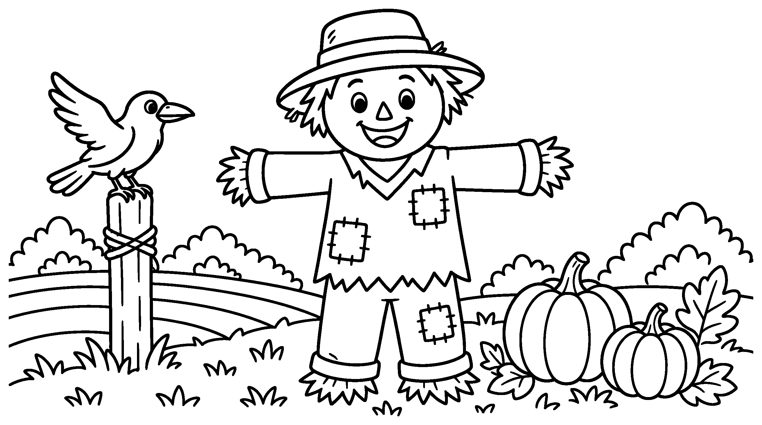 Smiling scarecrow with a hat and patches, a crow on a fence post, two pumpkins and hills, black outline coloring page