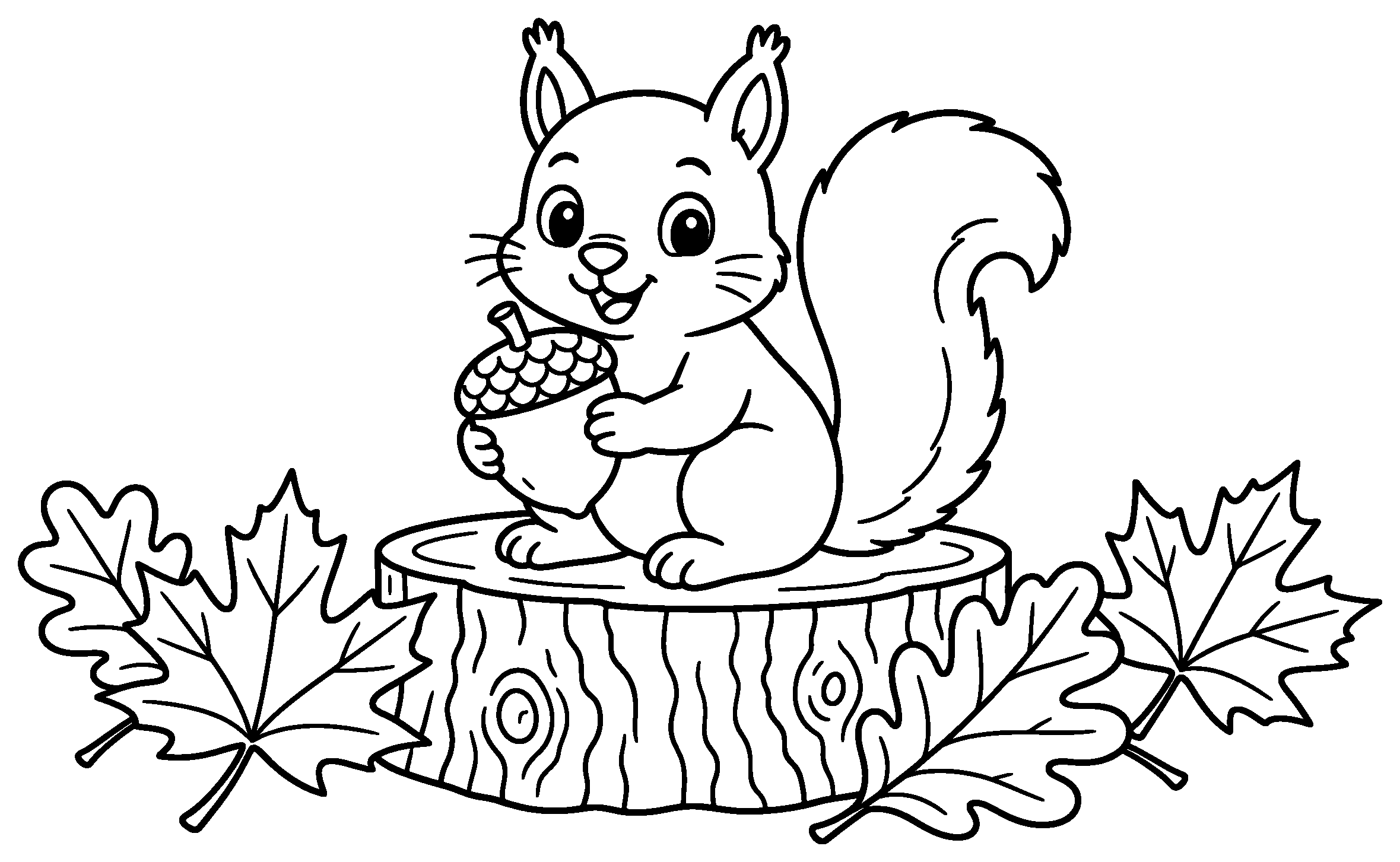 Squirrel holding an acorn on a tree stump with leaves, black outline coloring page