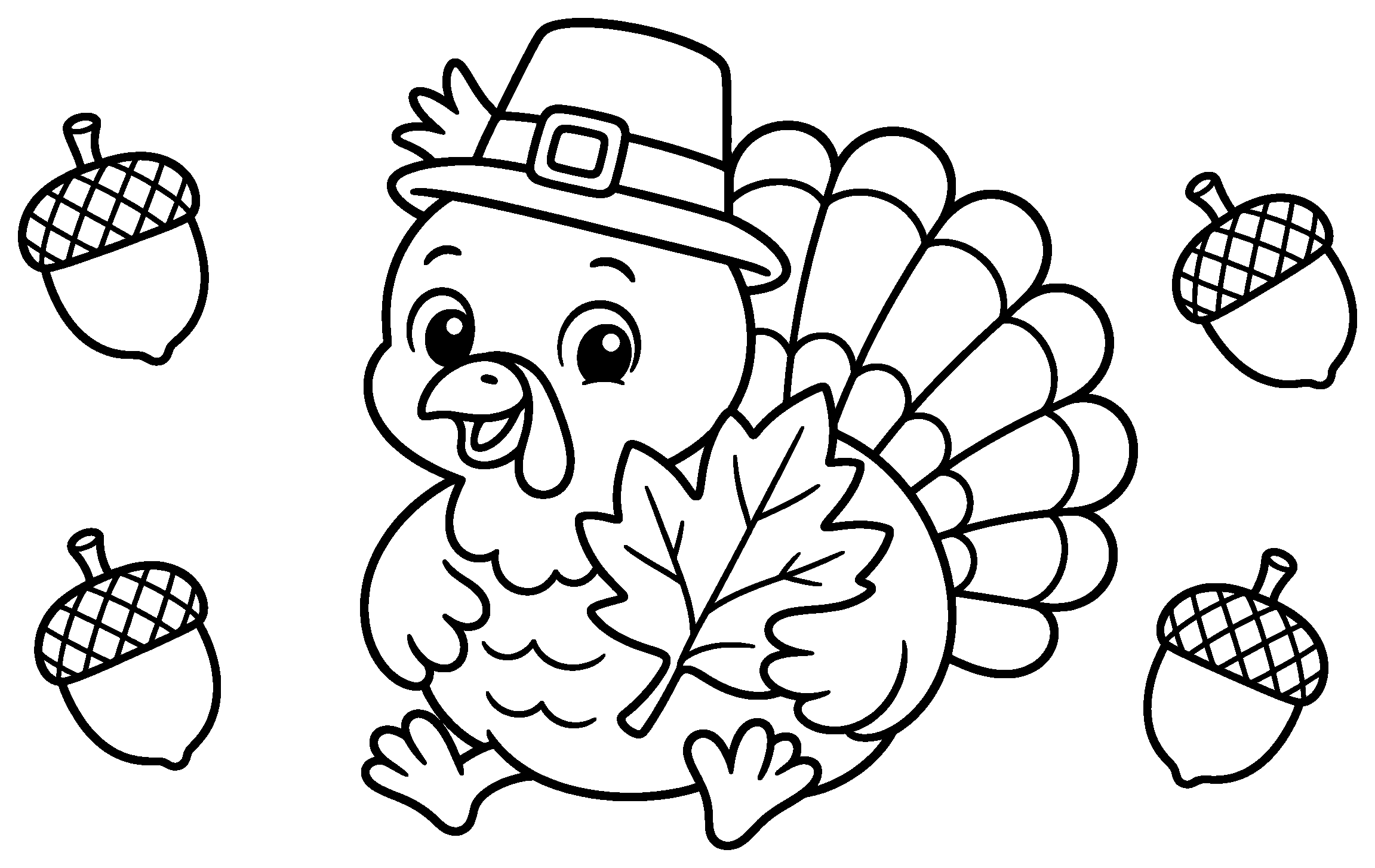Baby turkey wearing a pilgrim hat holding a maple leaf with four acorns, black outline coloring page