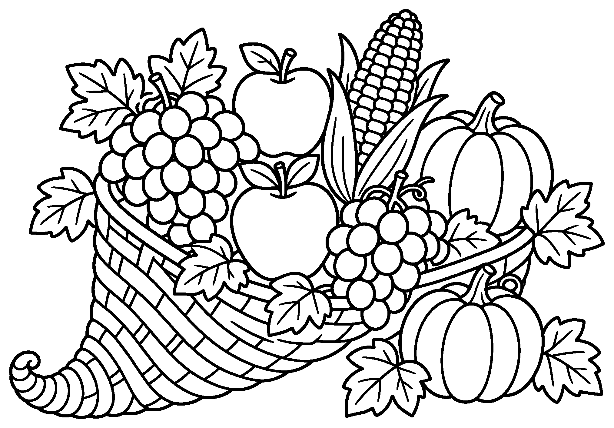 Woven horn of plenty overflowing with grapes, apples, corn, pumpkins and leaves, black outline coloring page