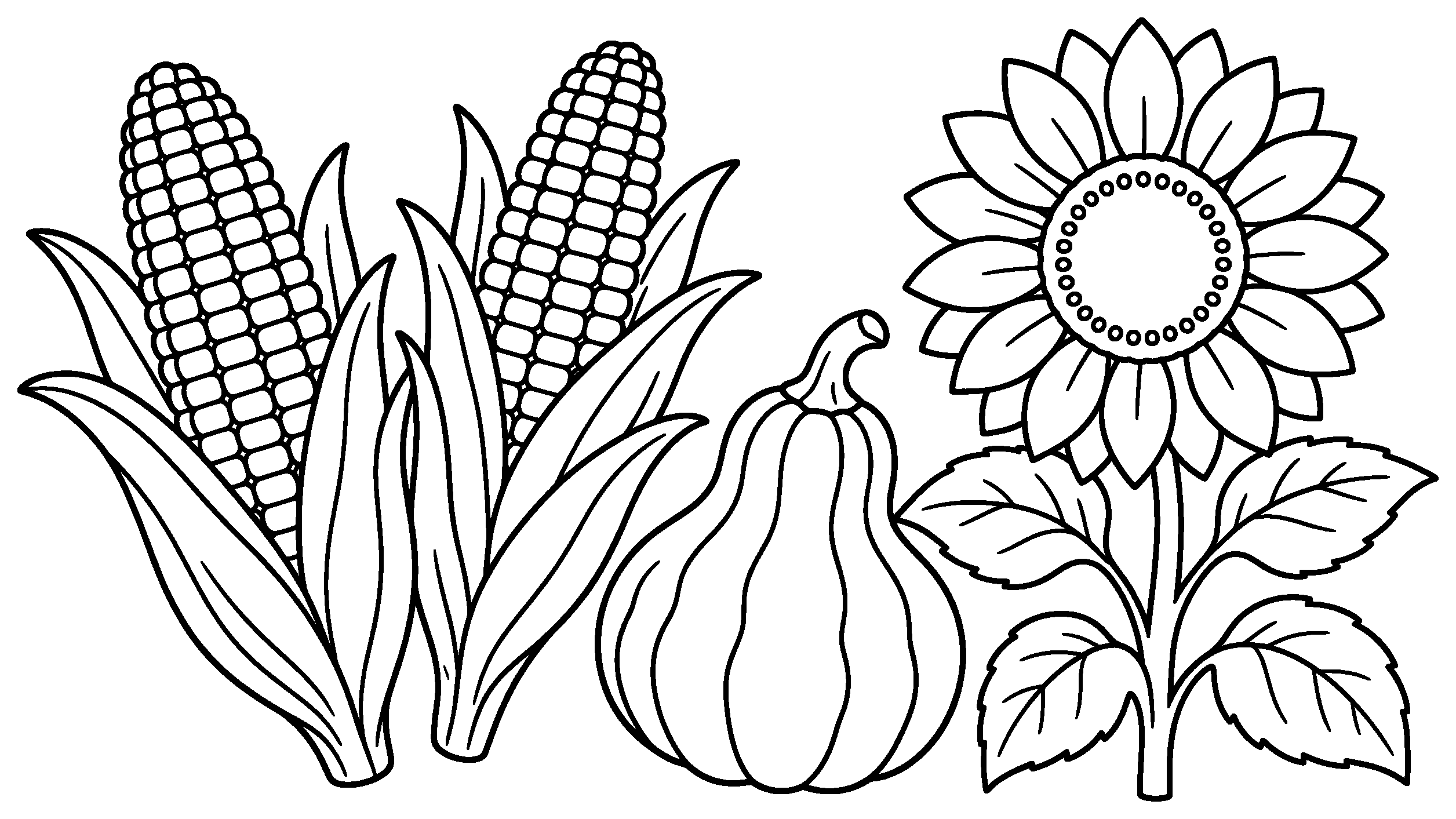 Two ears of corn with a gourd and a sunflower, black outline coloring page