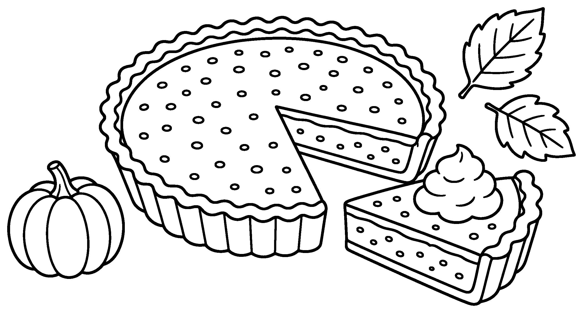 Pumpkin pie with a slice cut out and whipped cream, a small pumpkin and two leaves, black outline coloring page