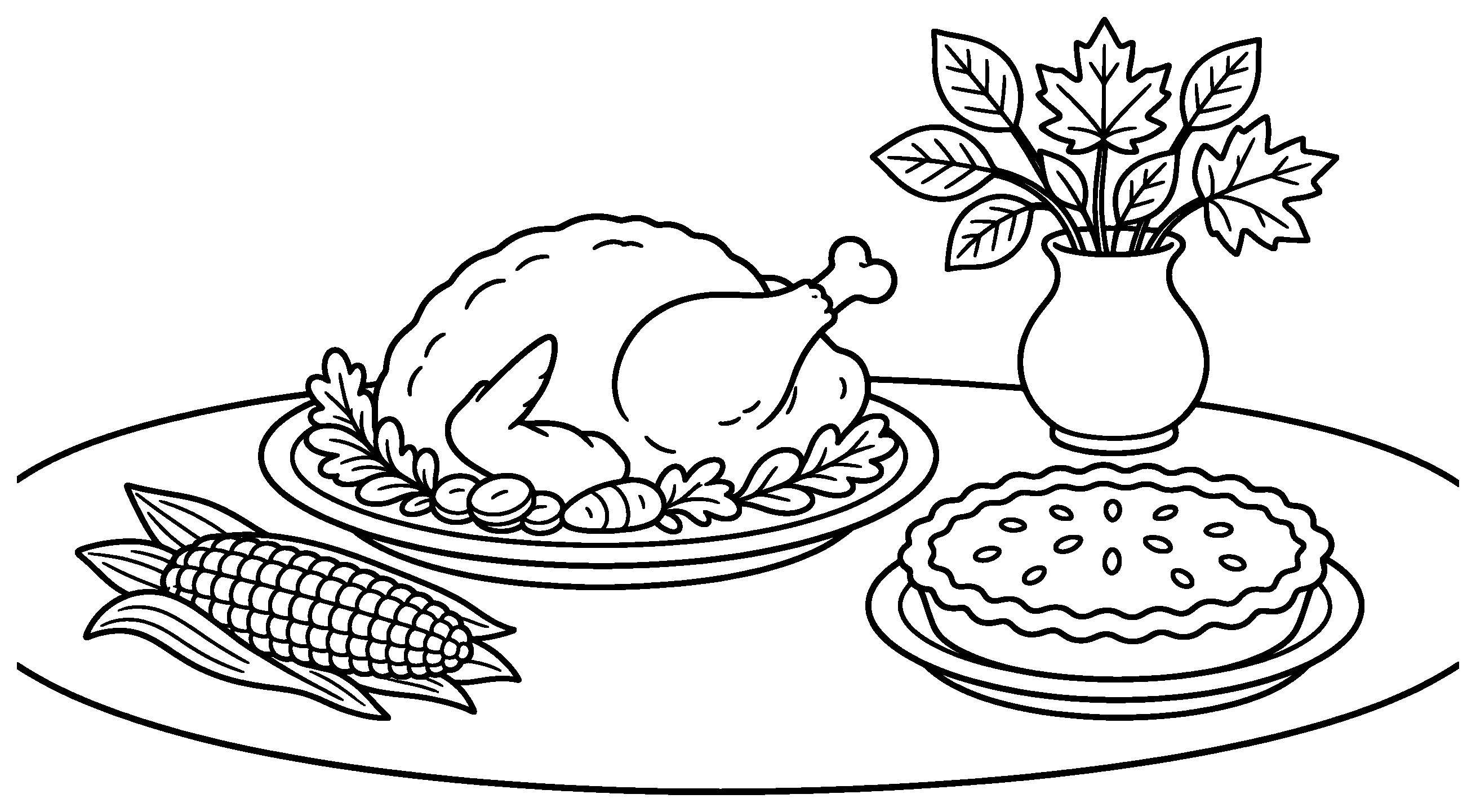Thanksgiving table with a roast turkey platter, pie, corn on the cob and a vase of autumn leaves, black outline coloring page