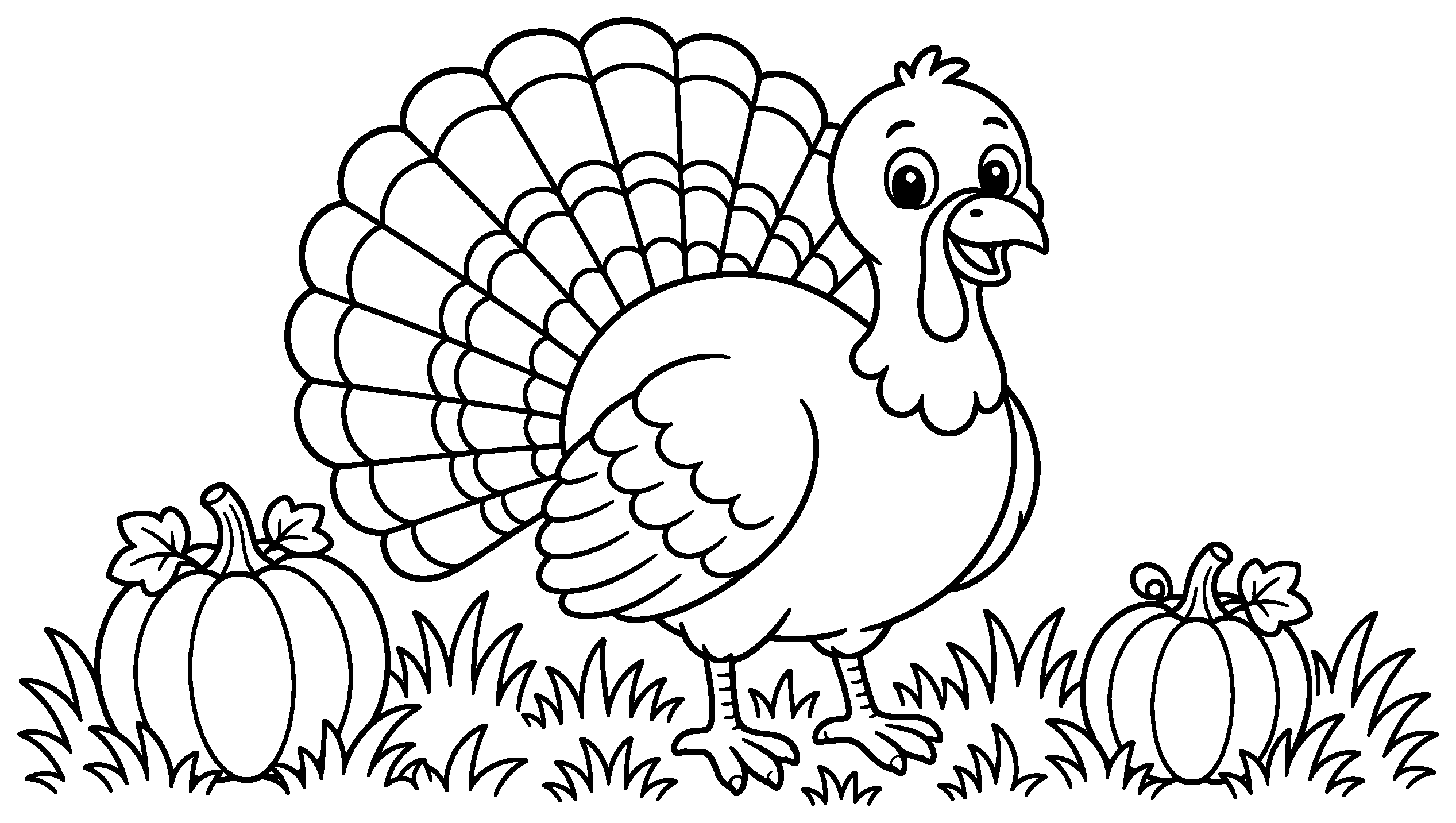 Turkey with a fanned tail standing in the grass between two pumpkins, black outline coloring page