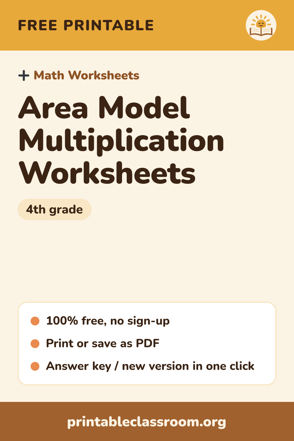 Area Model Multiplication Worksheets: free printable math worksheets for 4th grade from Printable Classroom. Printable area model multiplication worksheets: 2-digit, 3-digit or 4-digit by 1-digit and 2-digit by 2-digit. Fill in partial products, add them up, then draw your own area models. Answer key included.