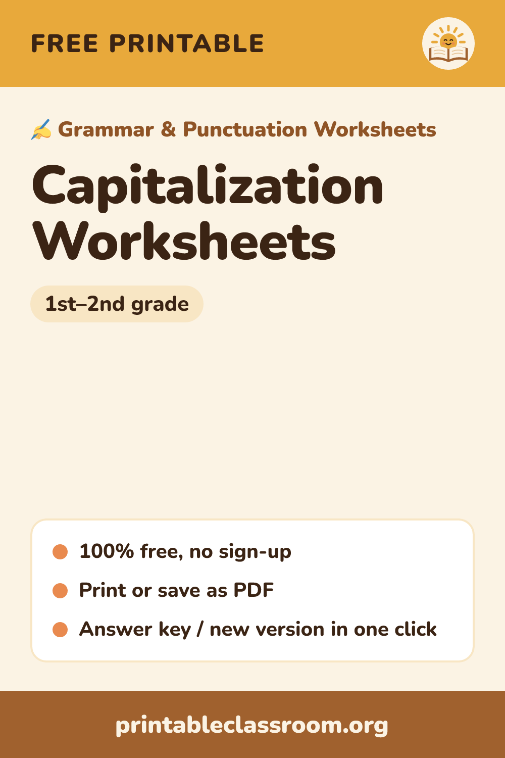 Capitalization Worksheets: free printable grammar & punctuation worksheets for 1st–2nd grade from Printable Classroom. Printable capitalization worksheets: circle words that need capitals and rewrite sentences with capital letters for names, the word I, days, months, holidays and places. Answer key included.
