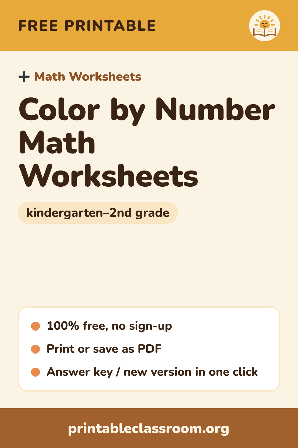 Color by Number Math Worksheets: free printable math worksheets for kindergarten–2nd grade from Printable Classroom. Printable color by number math worksheets with a pumpkin, turkey, fall leaf, apple, snowman and Christmas tree: solve addition or subtraction problems within 10 or 20, then color with the key. Answer key included.