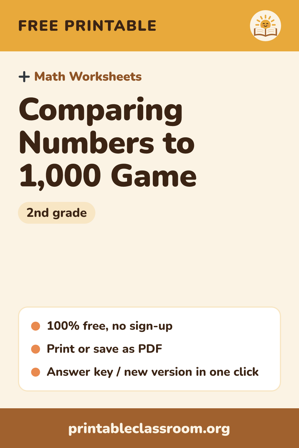 Comparing Numbers to 1,000 Game: free printable math worksheets for 2nd grade from Printable Classroom. Printable comparing numbers to 1,000 game and worksheet: compare 3-digit numbers with >, < and =, then play Build and Compare with cut-out digit cards and a recording sheet. Answer key included.