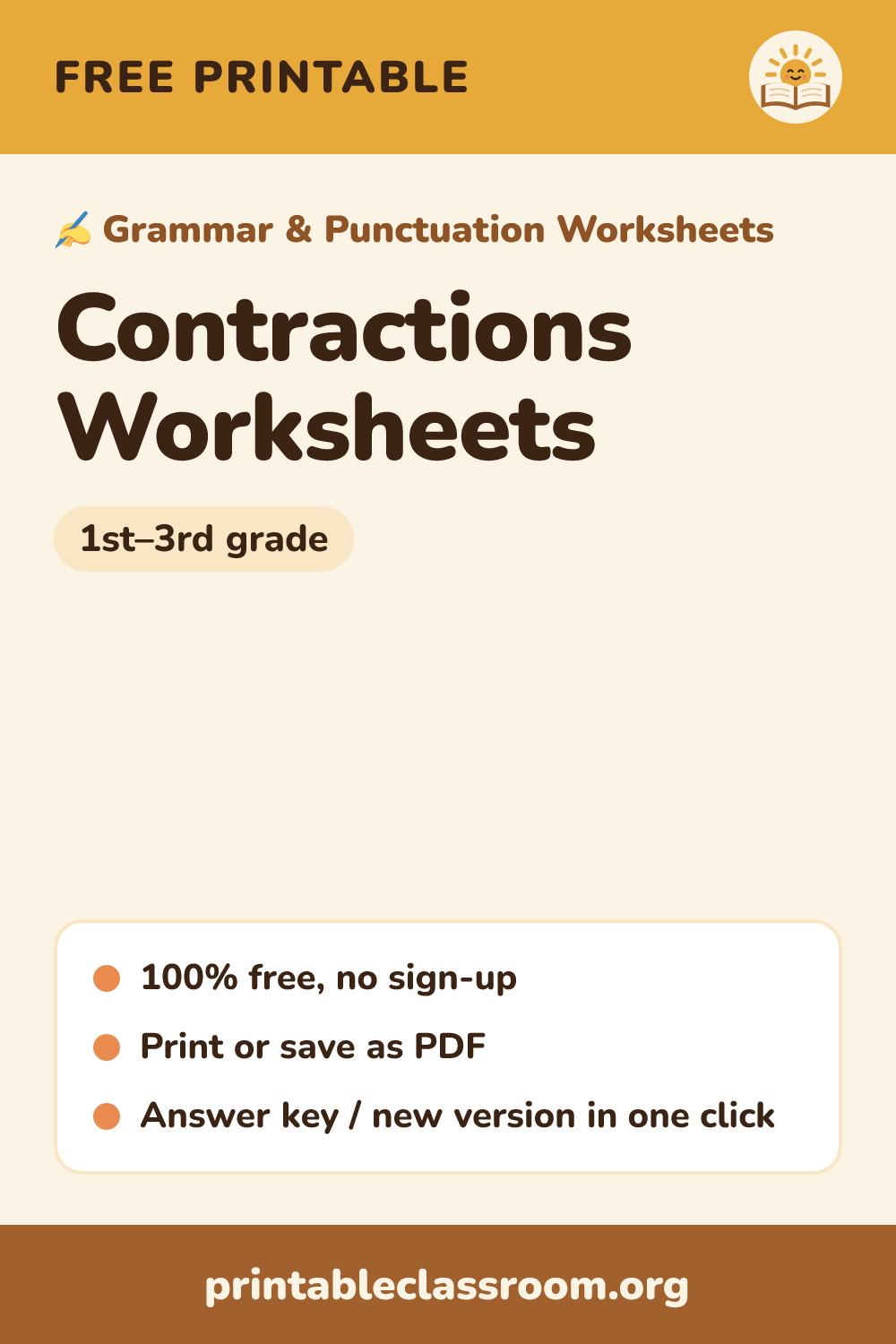 Contractions Worksheets: free printable sight words & phonics for 1st–3rd grade from Printable Classroom. Printable contractions worksheets: write the contraction, write the two words, match, and rewrite sentences. Practice contractions with not, am/is/are, will and have. Answer key included.