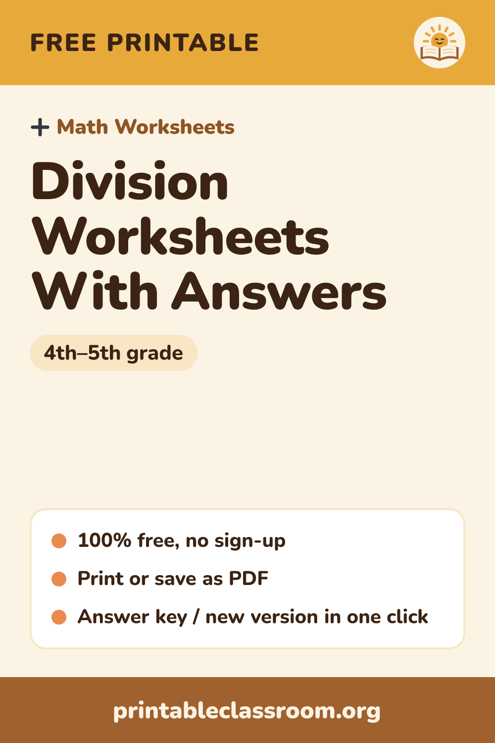 Division Worksheets With Answers: free printable math worksheets for 4th–5th grade from Printable Classroom. Free printable division worksheets with whole-number answers and an answer key, for division facts practice in grades 3–5.