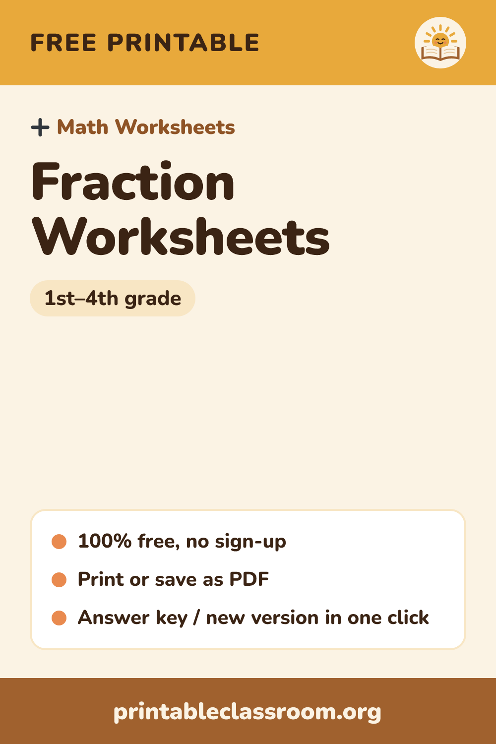 Fraction Worksheets: free printable math worksheets for 1st–4th grade from Printable Classroom. Printable fraction worksheets with circles and bars: name the shaded fraction, shade to show a fraction, and compare fractions with <, > and =. Includes a fraction strips chart and answer key.