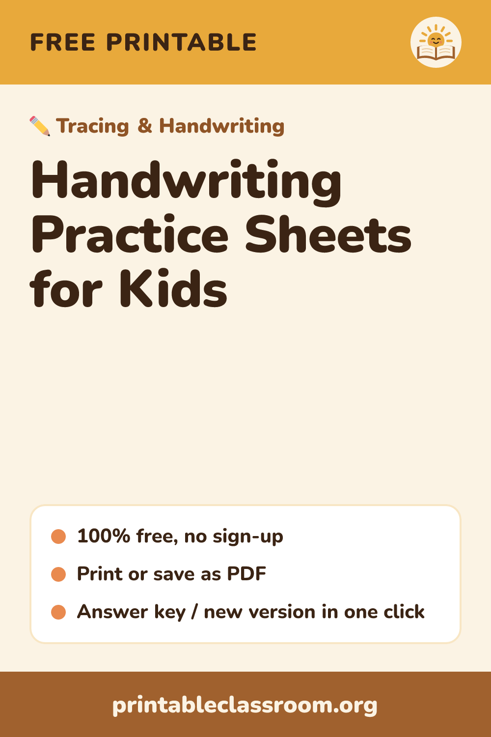 Handwriting Practice Sheets for Kids: free printable tracing & handwriting from Printable Classroom. Free handwriting practice sheets for kids: trace the alphabet on primary-ruled lines, or type any word, name or sentence.