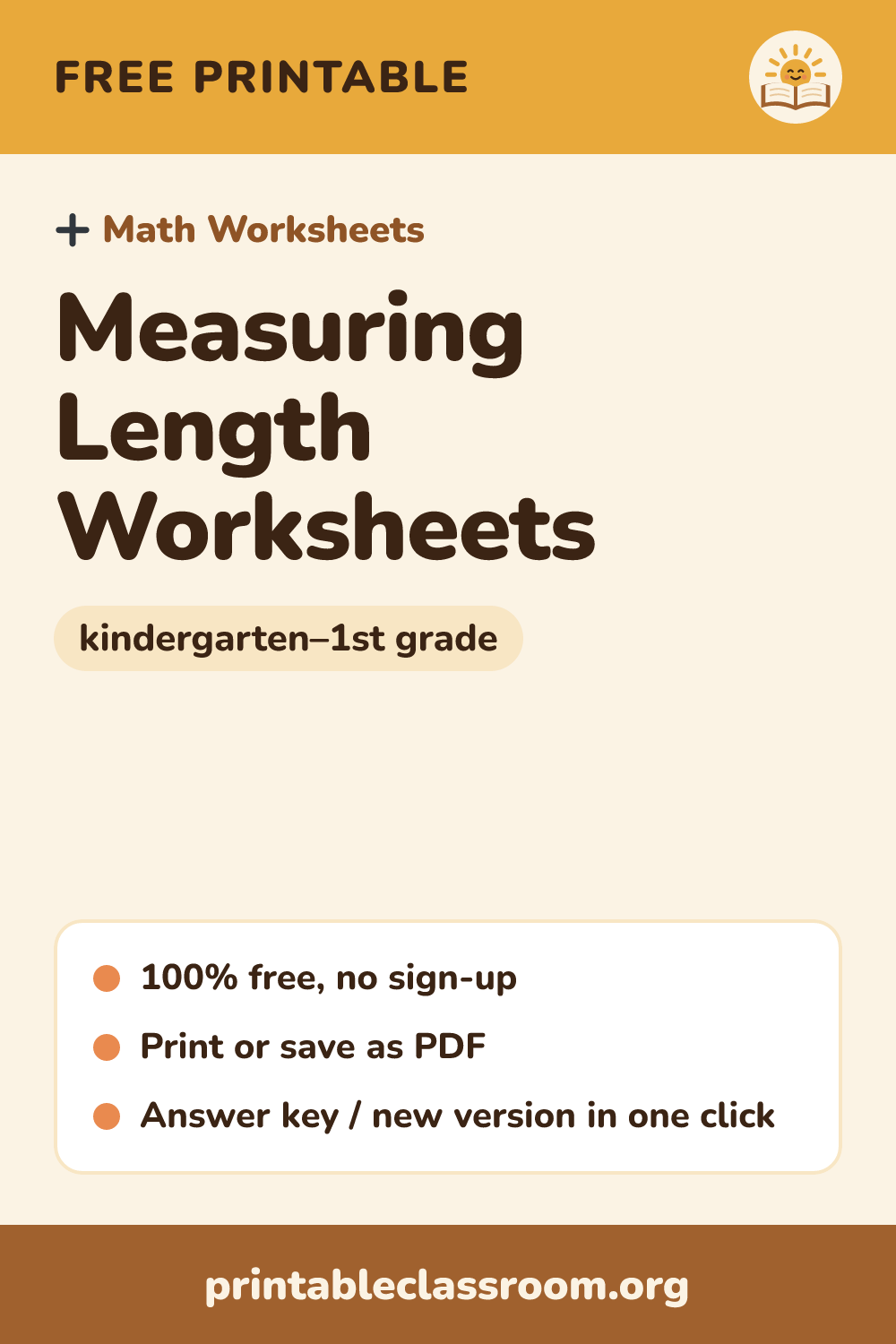 Measuring Length Worksheets: free printable math worksheets for kindergarten–1st grade from Printable Classroom. Printable measurement worksheets for kindergarten and first grade: measure length with cubes, use a cut-out cube ruler, and find the longest and shortest object. Answer key included.