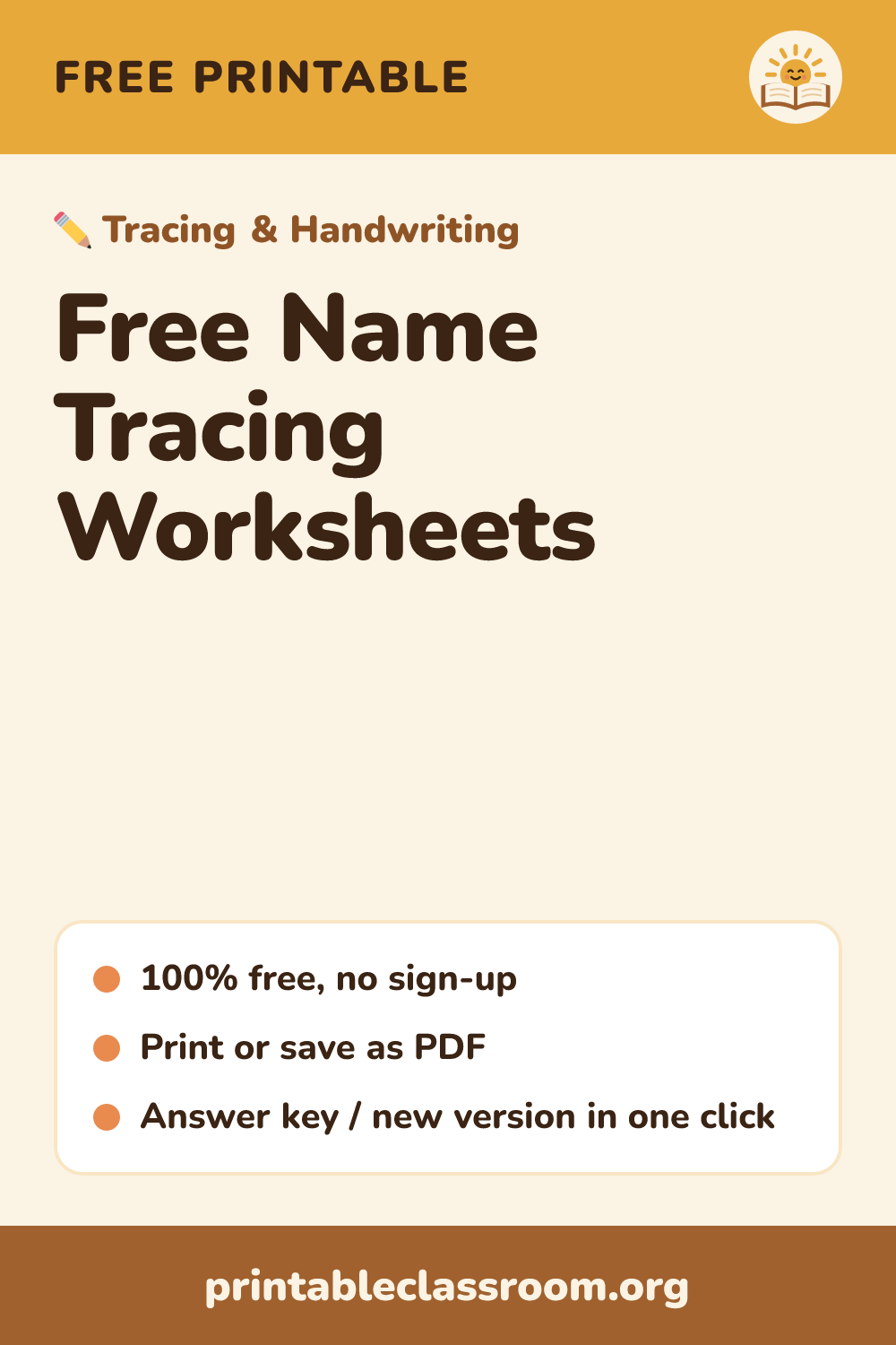 Free Name Tracing Worksheets: free printable tracing & handwriting from Printable Classroom. Make free editable name tracing worksheets for preschool and kindergarten. Type a name, then print the traceable sheet.