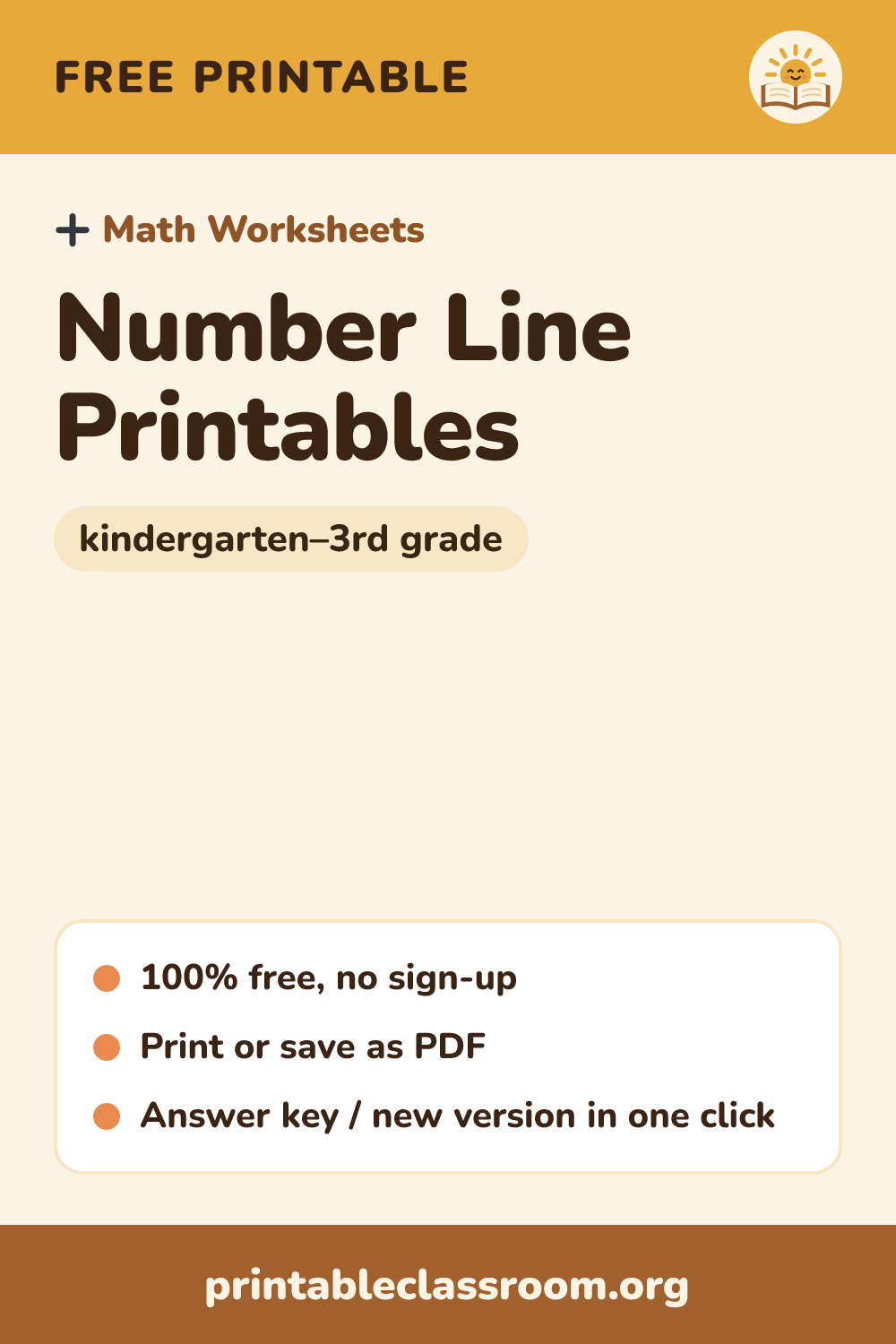 Number Line Printables: free printable math worksheets for kindergarten–3rd grade from Printable Classroom. Printable number lines and worksheets: blank number lines 0–10, 0–20 and 0–100 by tens, plus a 0 to 1 fraction number line. Fill in missing numbers and hop to add and subtract. Answer key included.