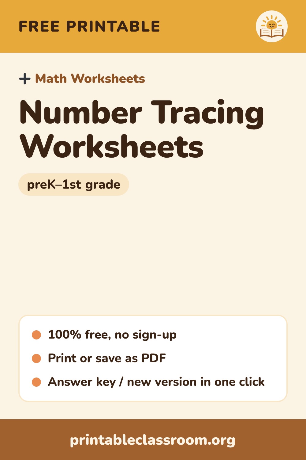 Number Tracing Worksheets: free printable math worksheets for preK–1st grade from Printable Classroom. Printable number tracing worksheets: trace numbers 0–20 with number words and ten frames, write numbers 1–100 in rows, or trace a 1–100 chart.