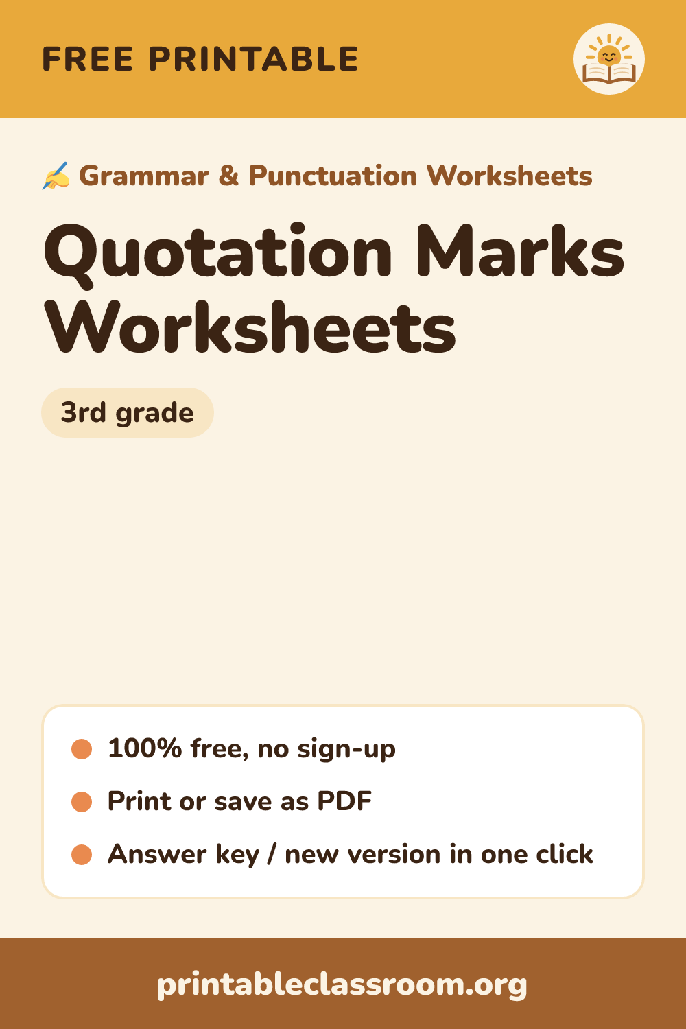 Quotation Marks Worksheets: free printable grammar & punctuation worksheets for 3rd grade from Printable Classroom. Printable quotation marks worksheets: add quotation marks and commas to dialogue, check whether sentences are punctuated correctly, and write your own dialogue. Answer key included.