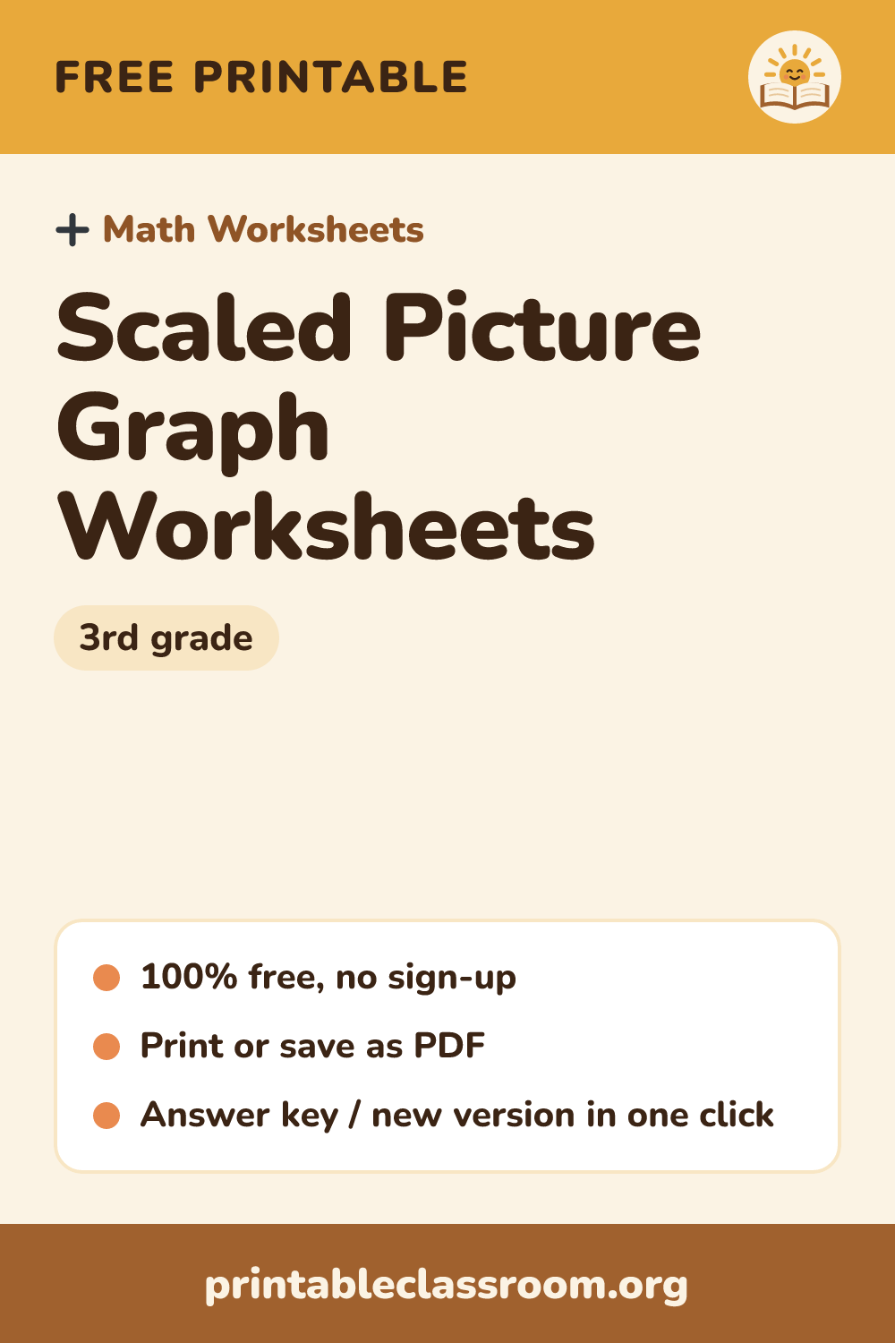 Scaled Picture Graph Worksheets: free printable math worksheets for 3rd grade from Printable Classroom. Printable scaled picture graph and scaled bar graph worksheets: read a picture graph where each picture stands for 2 or 5, make a bar graph with a scale, and solve how many more and how many fewer problems. Answer key included.