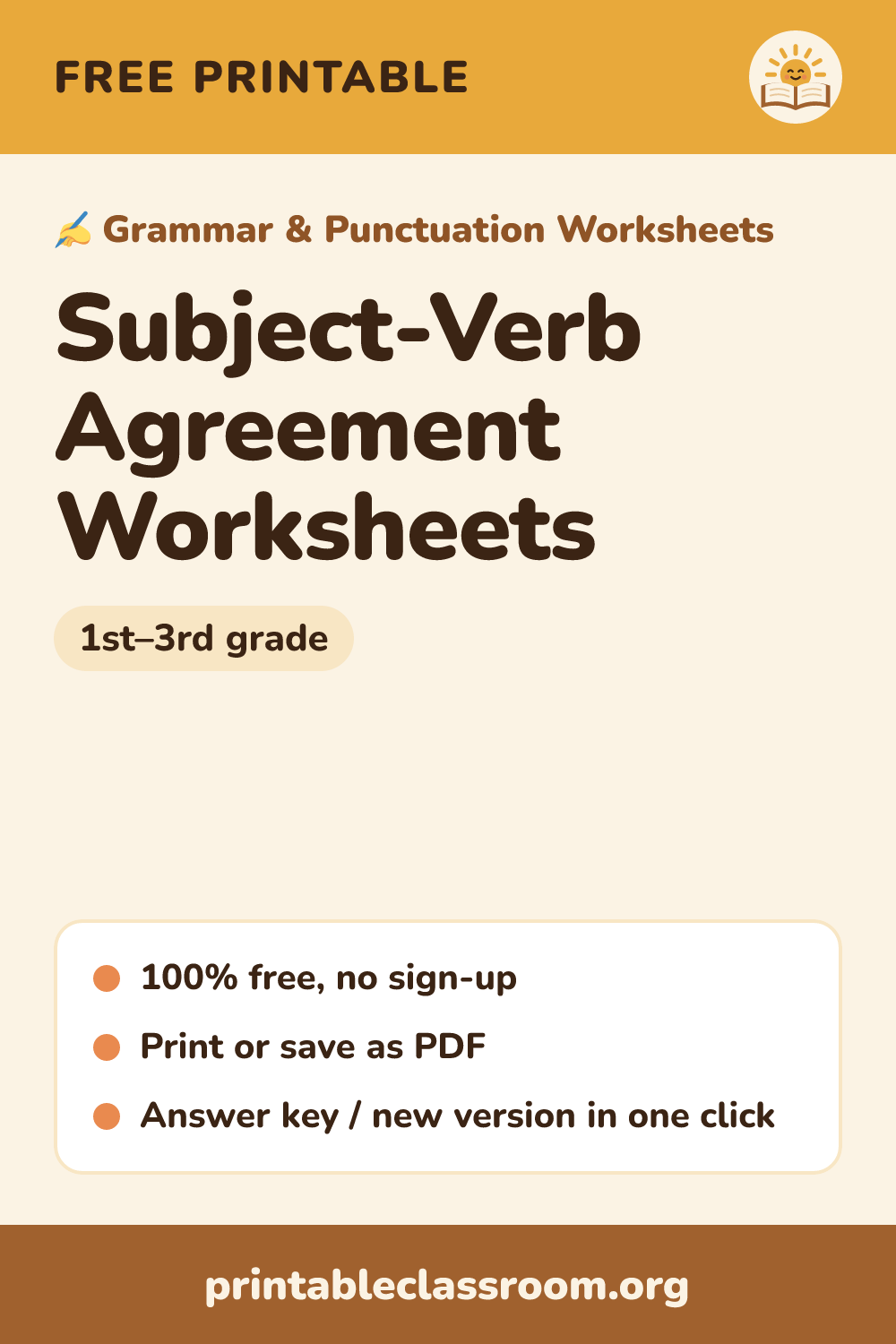 Subject-Verb Agreement Worksheets: free printable grammar & punctuation worksheets for 1st–3rd grade from Printable Classroom. Printable subject-verb agreement worksheets: circle the verb that matches the subject (runs or run), choose is/are, was/were and has/have, and rewrite sentences with the wrong verb. Answer key included.