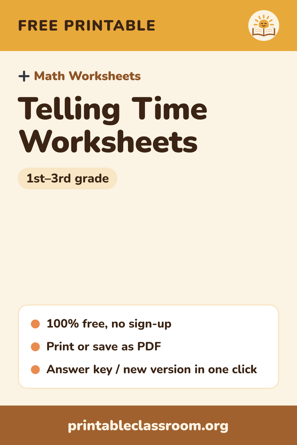 Telling Time Worksheets: free printable math worksheets for 1st–3rd grade from Printable Classroom. Printable telling time worksheets with clear analog clocks: read the clock, draw the hands, and elapsed time. Choose hour, half hour, quarter hour, 5-minute or 1-minute practice. Answer key included.
